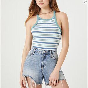 Forever 21 Womens Striped Ribbed Bodysuit Sleeveless Snap Closure Size M Blue/Wh